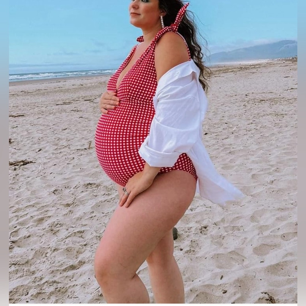 Maternity Swimsuit One piece with tie shoulder Pregnancy Swimsuit V-neck